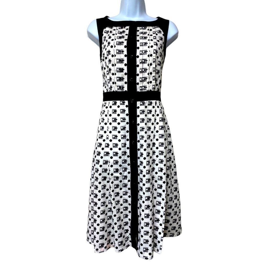 CAROLINA HERRERA NEW YORK Fit Flare Sleeveless Black White Print Midi Dress 4 - Picture 1 of 16